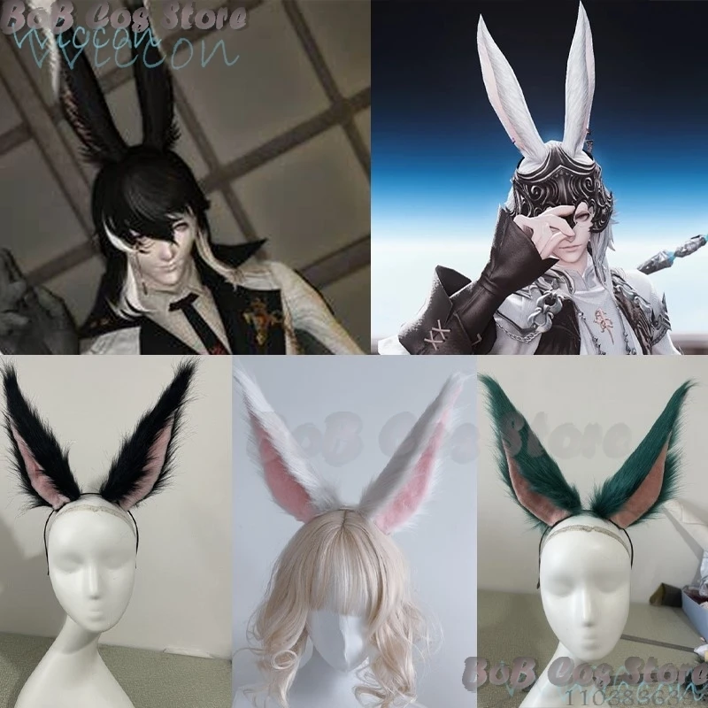 Viera Male Anime Final Fantasy XIV FF14 Cosplay Prop Rabbit Ears Furry Headbands Black White Grey Pink Female Male Roleplay 24CM