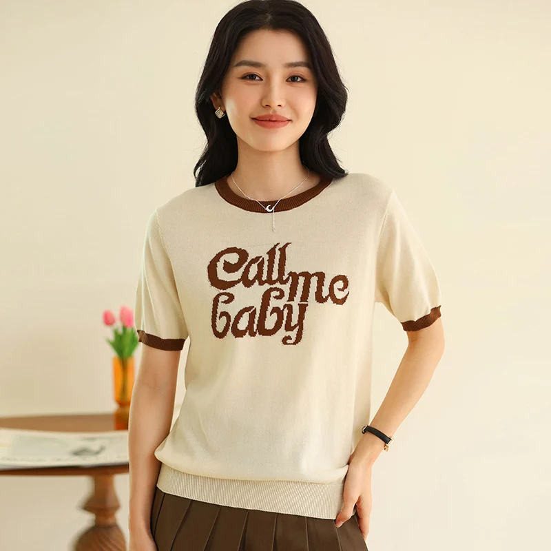 New women's short sleeved 100% cotton knitted O-neck women's T-shirt Korean version fashionable hot selling top