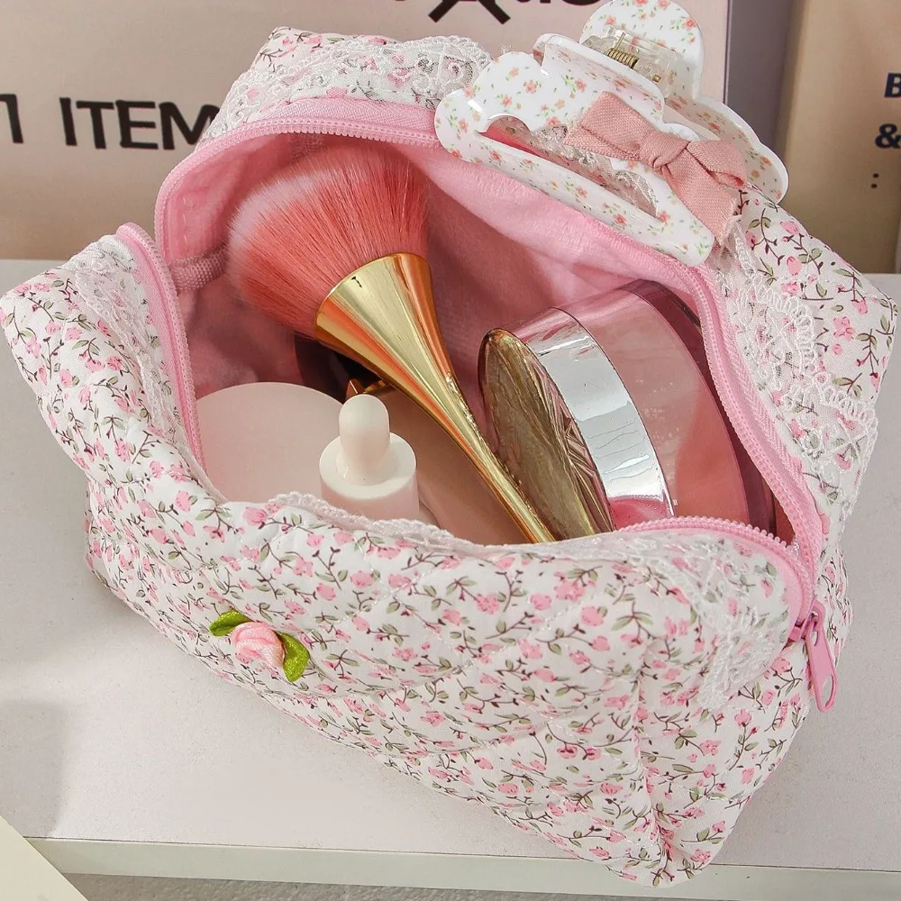 المرأة الدانتيل زهرة طباعة حقيبة مستحضرات التجميل سعة كبيرة ماكياج المنظم السفر حقيبة أدوات الزينة حقيبة التخزين طالب سستة مقلمة #2