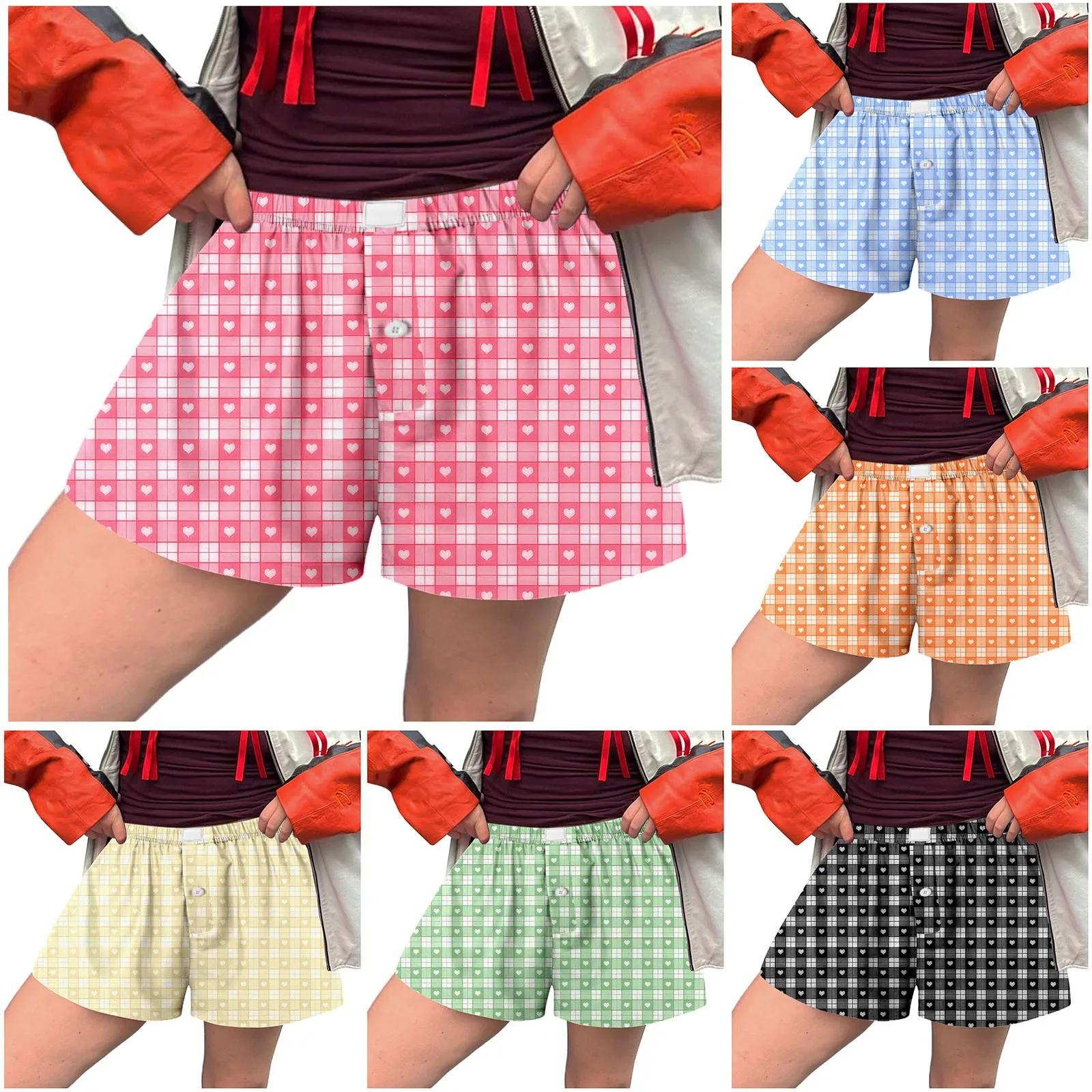 

Y2k Aesthetic Plaid Shorts Women's Cute Pajamas Short Pants Lounge Sleep Bottoms Elastic Waist Button Casual Baggy Sweatshorts