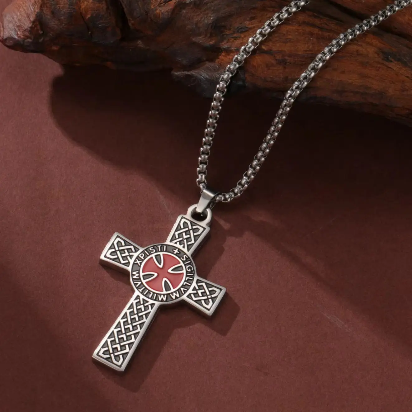 LIKGREAT Christliche Kreuz-Halskette, rotes Kreuz, Templer-Symbol, für Männer und Frauen, Vintage, religiöses Gebet, Edelstahl, Schmuck, Geschenk