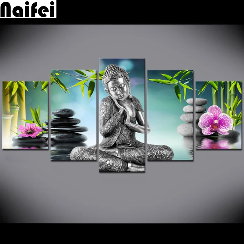 

diy 5d full resin diamond painting 5 Piece Buddha orchid Bamboo Water Zen Wall stickers.christmas,decoration,diamond embroidery