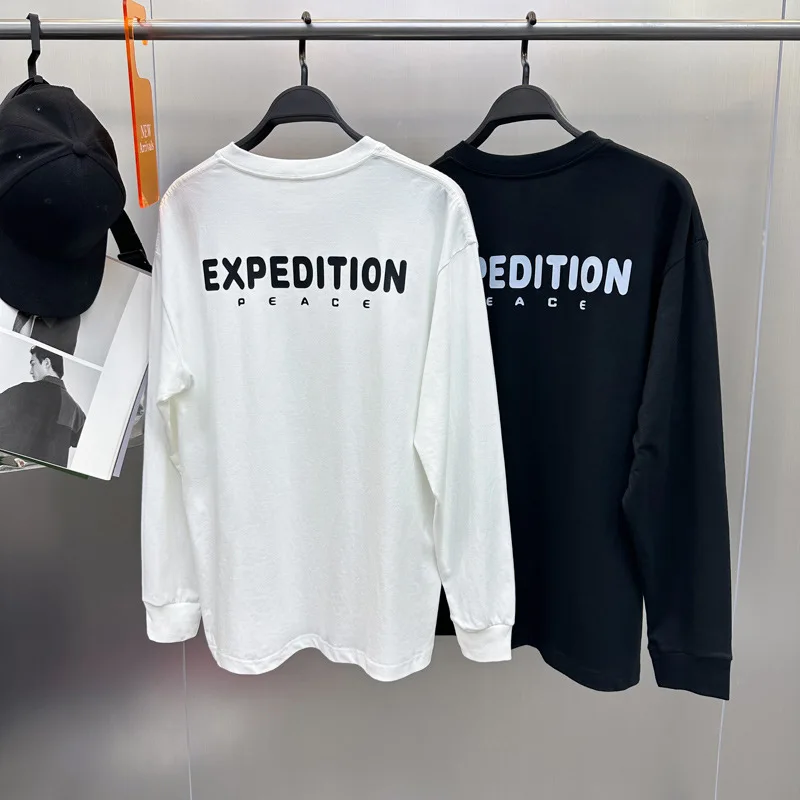 

Модная мужская футболка с буквенным принтом, длинным рукавом, из чистого хлопка, повседневная, с круглым вырезом, для весны и осени, молодежная, простая базовая модель