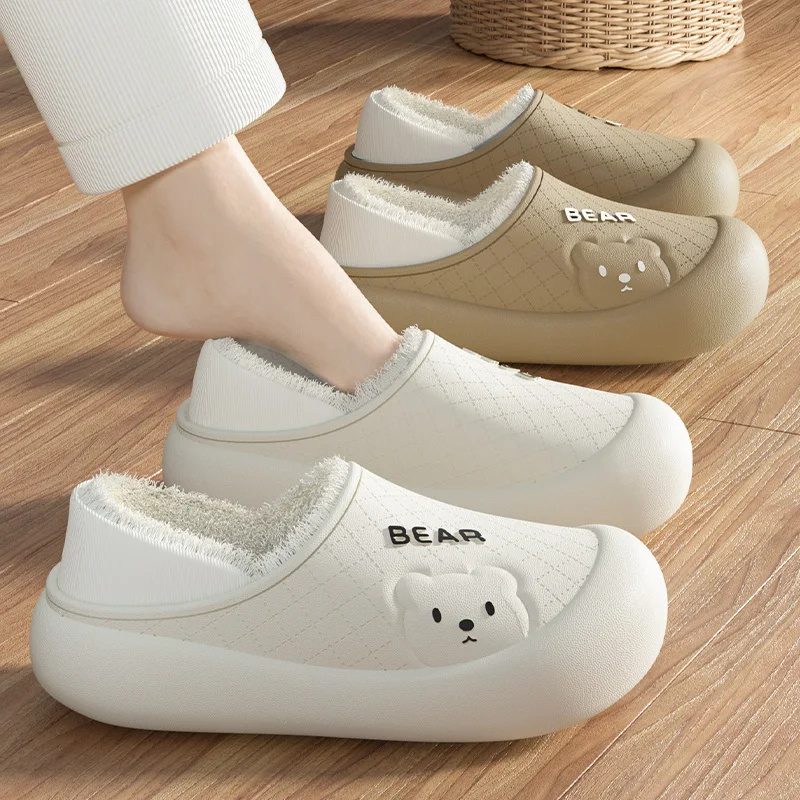 Cute Couple Winter Wrap Heel Warm Waterproof Soft Lithe Fluffy Slippers For Women Men Non-slip Ladies' Home Casual Cotton Shoes