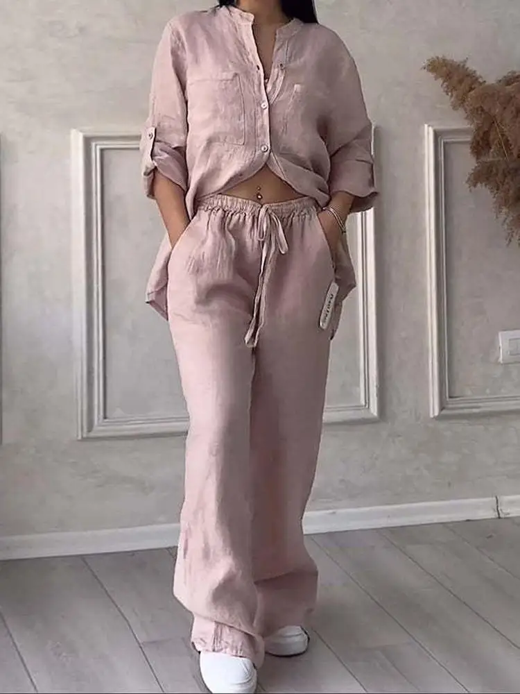 

Women's Korean Style Summer Set Loose Fit Plain Shirt Collar Top Maxi Pants Casual Long Sleeve Comfortable Outfit