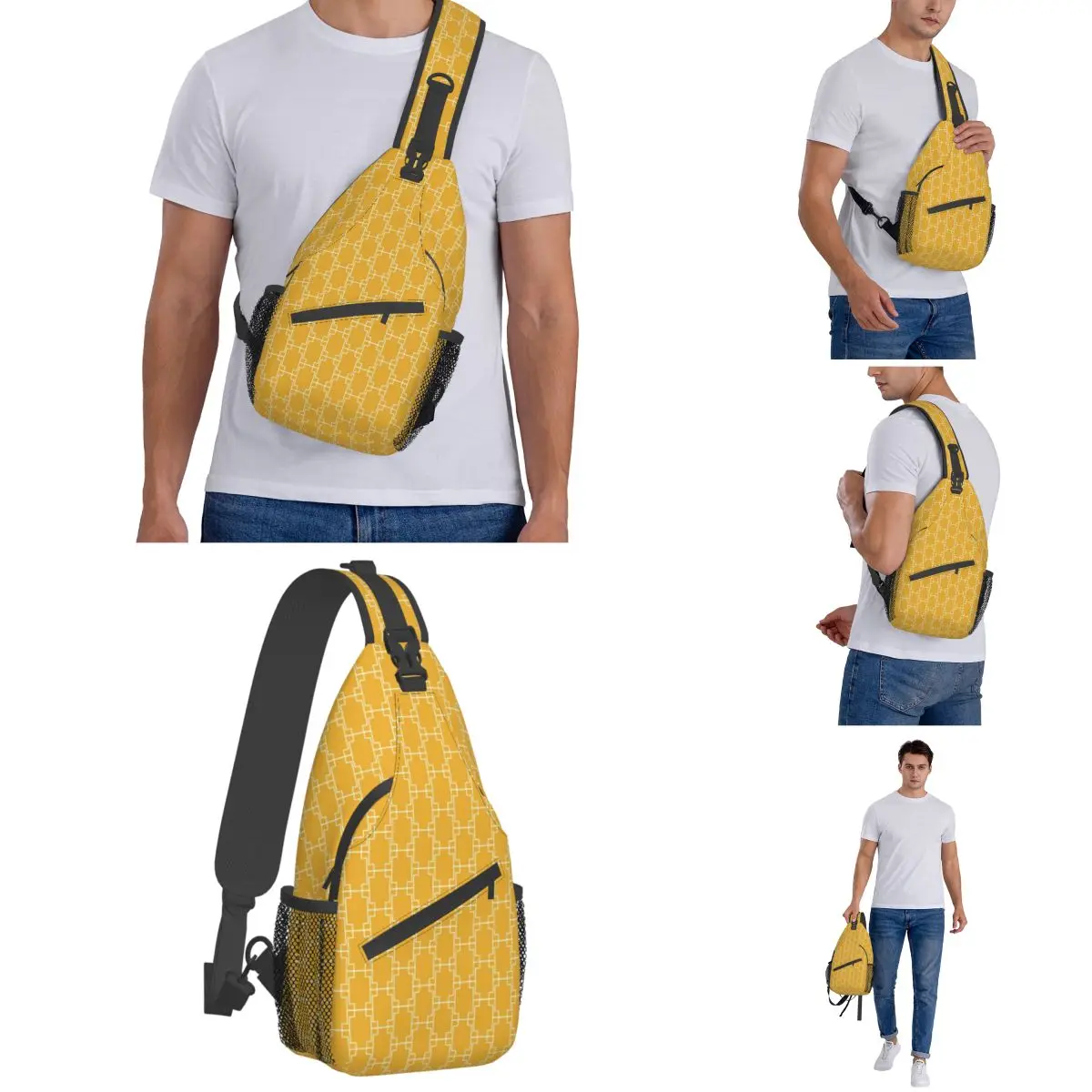 Mustard Yellow Geometric Crossbody Sling Bags Small Chest Bag Vintage White Line Shoulder Backpack Daypack Hiking Outdoor Travel