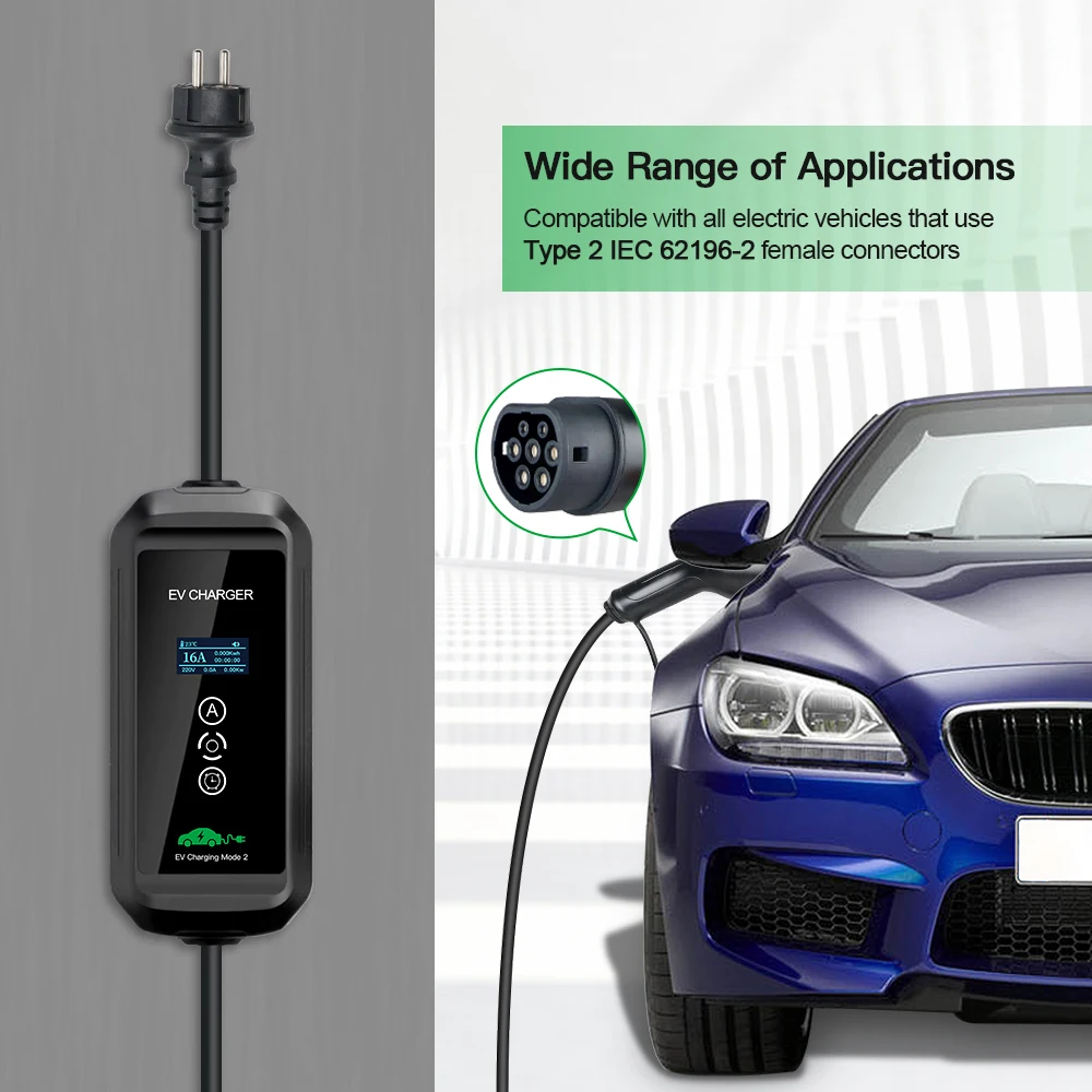 Portable EV Charger Type2 IEC62196-2 16A 3.6kw EVSE Charging Cable Type1 SAE J1772 EU Plug  Wallbox for Electric Car 5M