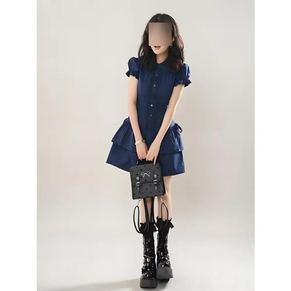 Sukienki vintage czarne Y2k Koronkowa sukienka koszulowa dla kobiet Wyszczuplająca talia Uniwersalne sukienki Krótki rękaw Vestidos De Mujer Sukienka letnia