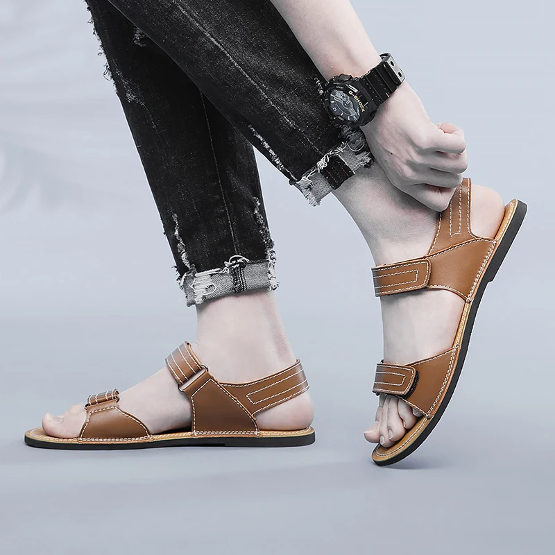 2023 Beach Shoes Summer Cow Leather Men Sandals Size 38-47 Men\'s Black/brown Leather Breathable Comfortable Sandals Beach Shoes