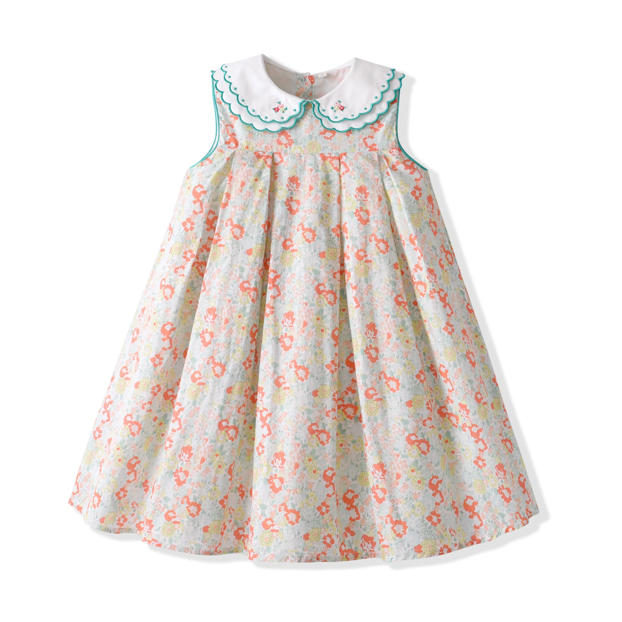 Floral Print Fashion Layered Collar Girl Dress Flower Embroidery Kids Girls Dresses Summer Sleeveless Clothing For Children