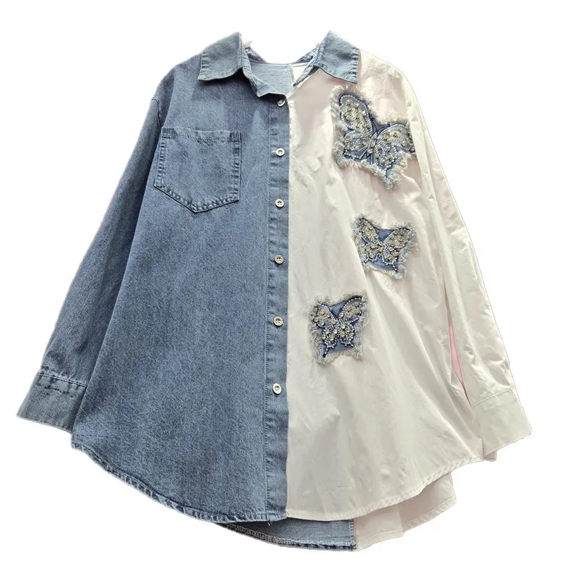 

Сверхмощная джинсовая рубашка в стиле пэчворк с цветными блоками для женщин, универсальный свободный длинный топ с вышивкой бабочкой и ромбовидными лацканами