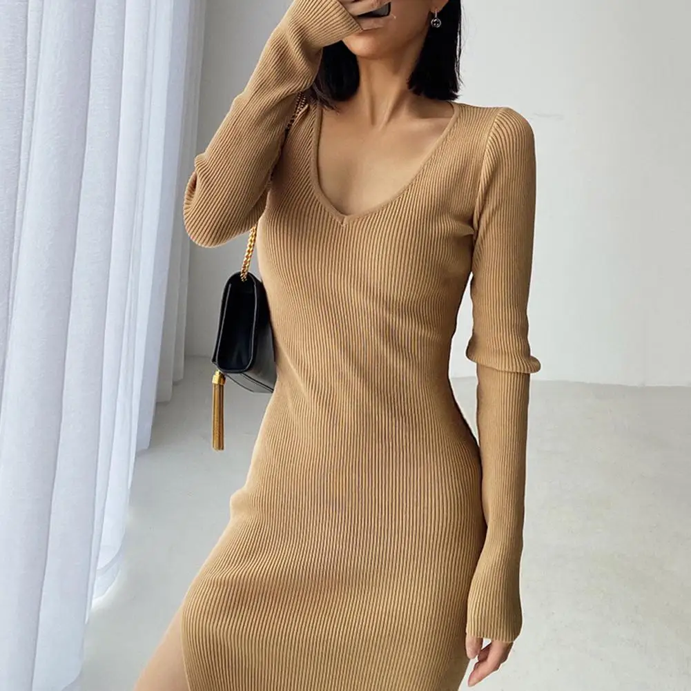 Knitted Split Dress Elegant V-neck Knitted Maxi Dress with Side Split Hem High Waist for Women Winter Autumn Slim Fit Solid