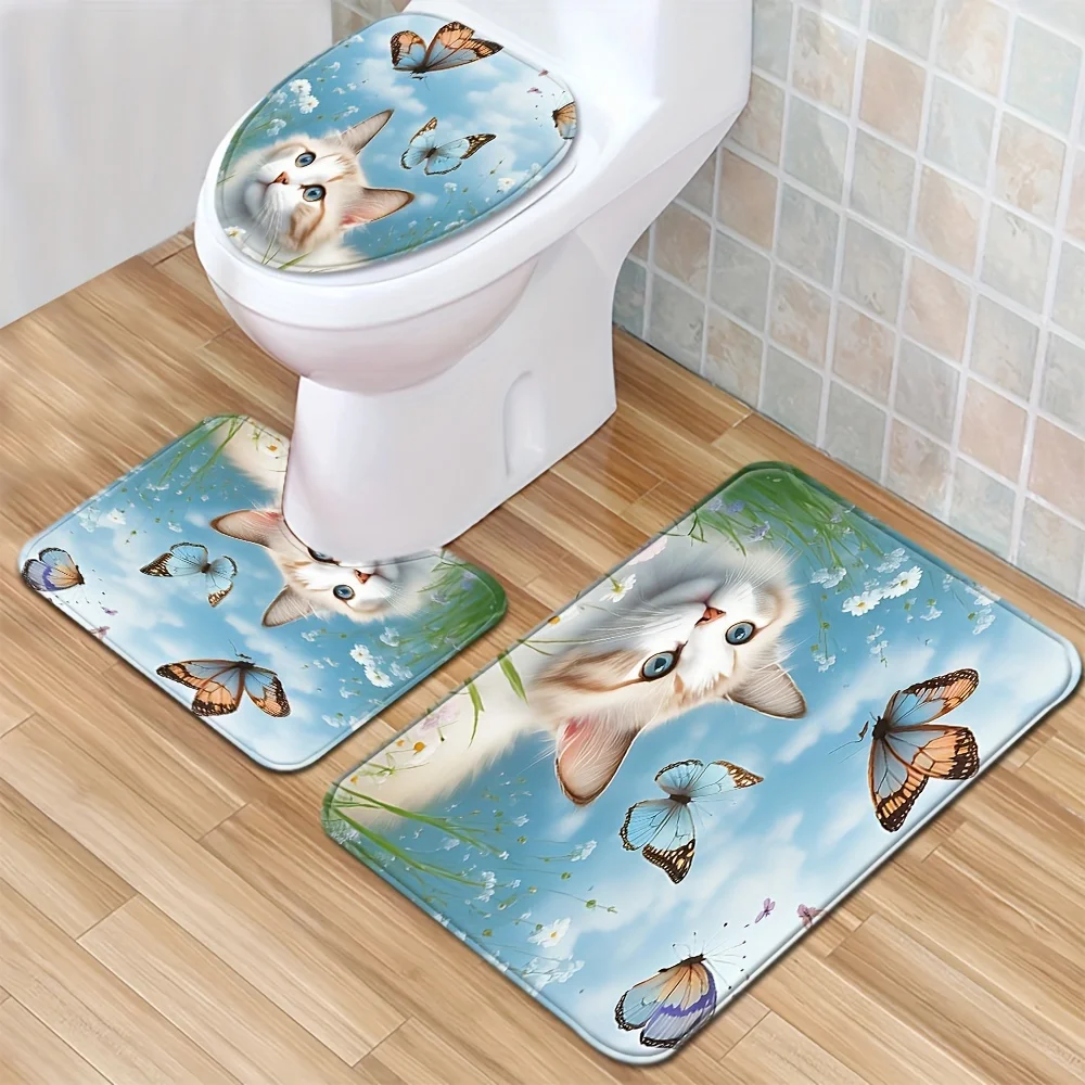 

3pcs Sky Butterfly Cat Floor Mat Set Toilet Cover Toilet Carpet Bathroom Absorbent Door Mat Bathroom Three-piece Set Non-slip