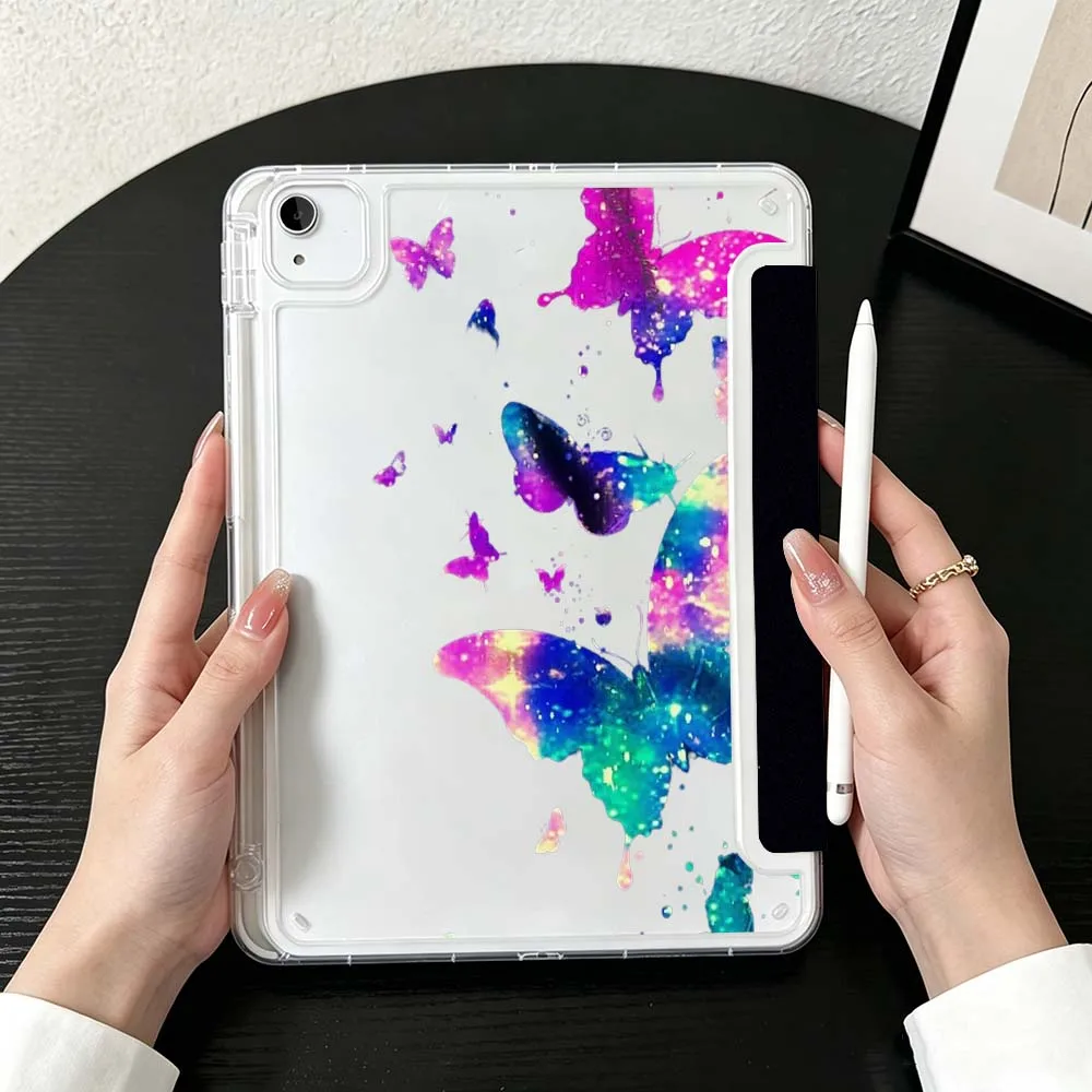 Floral Woman Face Butterfly For iPad Mini Pro Air 5 6 7 8 9 11th 11 9.7 10.9 13 inch Transparent Y-Shaped Folding Tablet Case