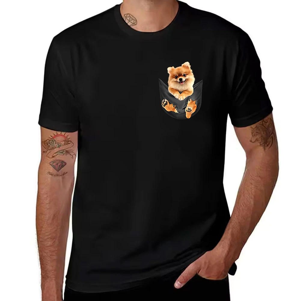 Men's Cotton T-Shirt, Cute Pomeranian in Pocket Print, Casual Short Sleeve Crew Neck Tee for Dog Lovers Daily Wear