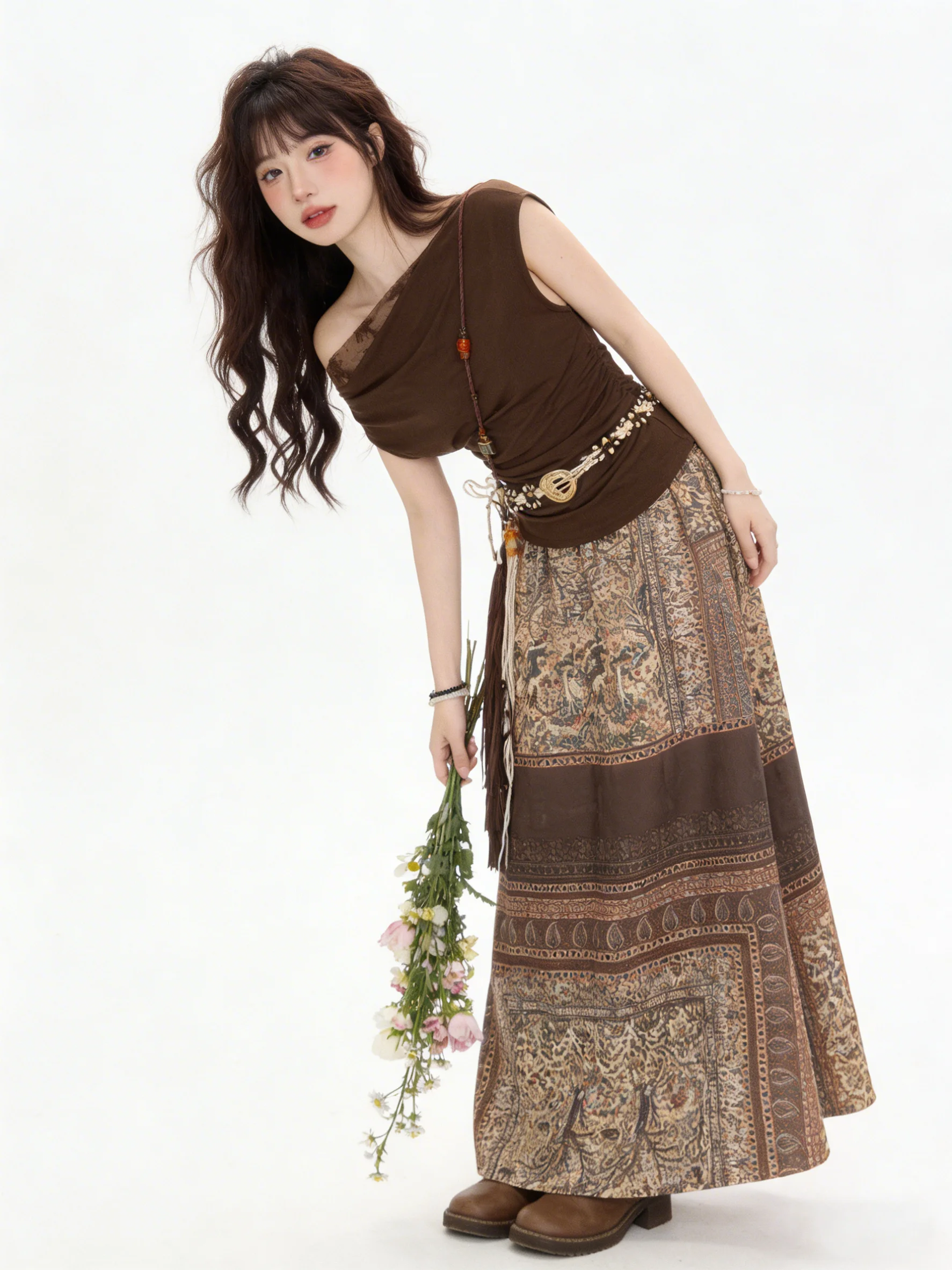 

Bohemian Style Women's Summer Travel Brown Asymmetrical Shoulder T-shirt Print Skirt Set Breathable Lightweight Casual F...
