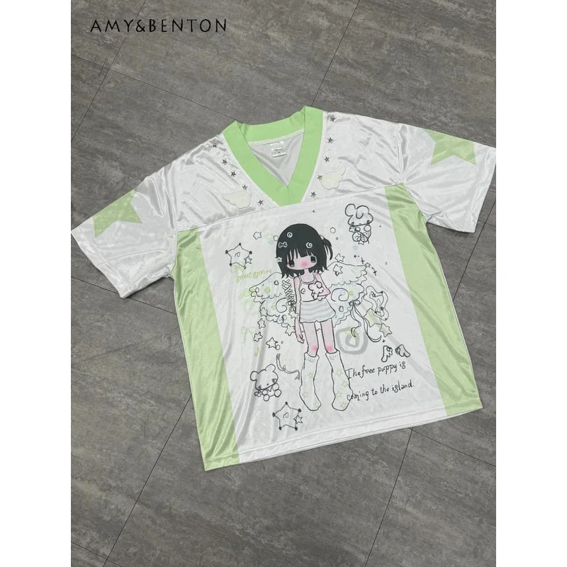 

25COSЯпонская милая женская футболка с короткими рукавами и милым мультяшным принтом, летняя милая крутая футболка большого размера, двумерная готическая цветная футболка