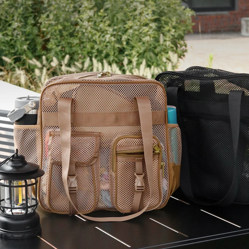 

Heavy Duty Mesh Beach Tote Bag - 15L, Dual Zippers, Detachable Strap, for School/Gym/Swim/Outdoor