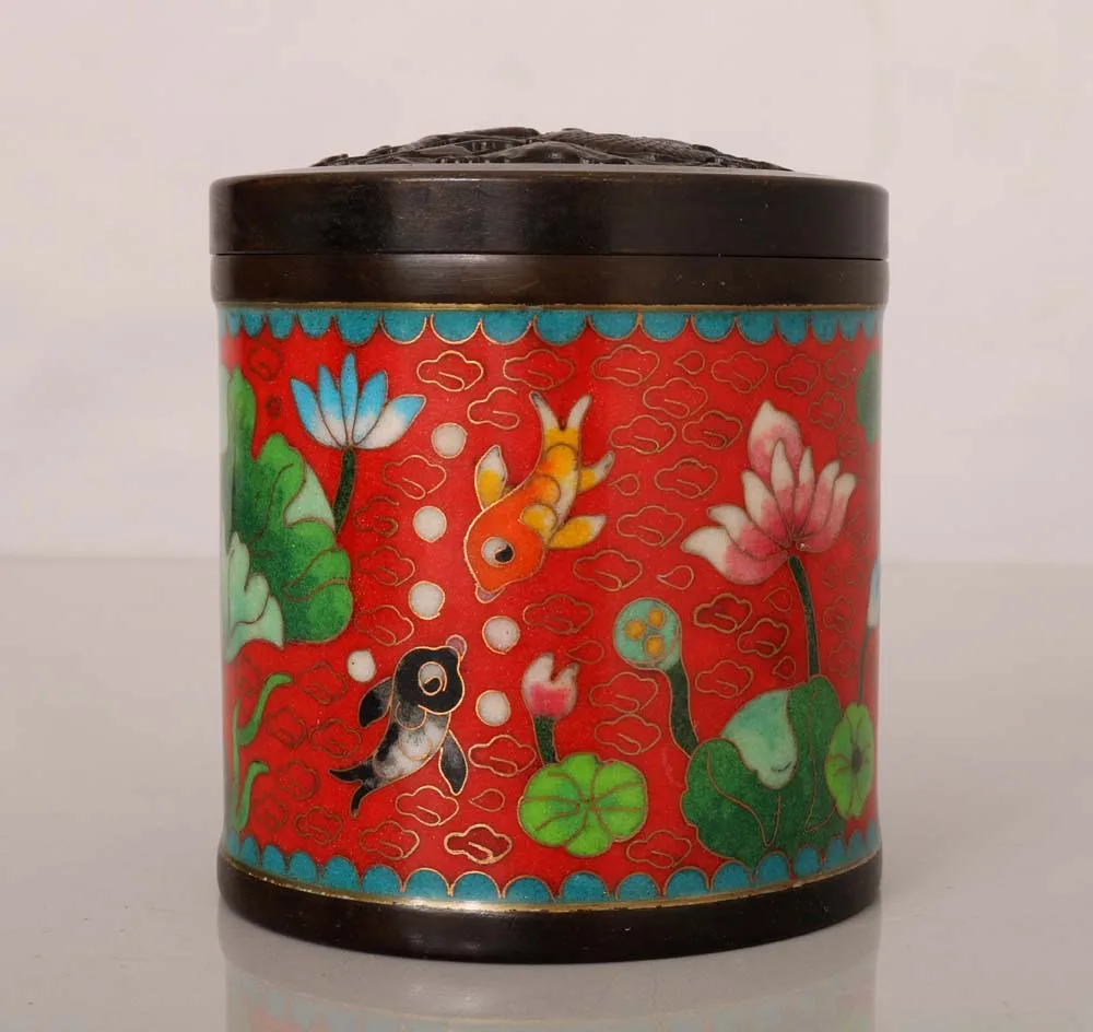 

4"Nepalese folk Bronze Cloisonne Enamel Lotus pattern Fish Lotus Cover tea tin Leaf tea can box Amass wealth Ornaments