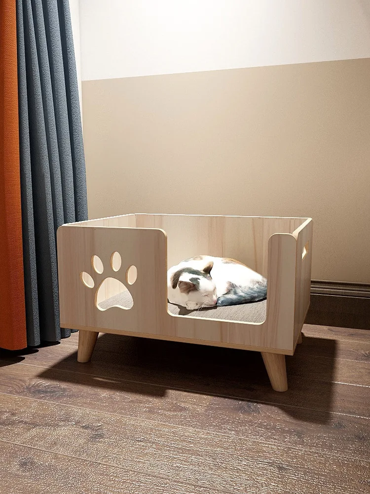 Four Seasons Solid Wood Cats Bed Pets Kennel Rabbit Dog Kitten Deeping Sleep Mat Pets House Sofa Bed