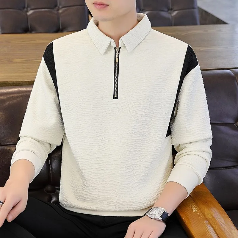 Men's Clothing Pullover Lapel Zipper Contrasting Spring and Autumn Sweatshirt Casual Patchwork Top