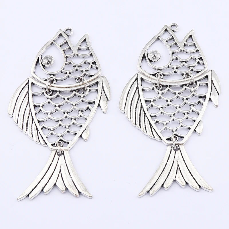 ZXZ 2pcs Tibetan Silver Large Filigree Fish Charms Pendants For Necklace Jewelry Making Findings 97x50mm