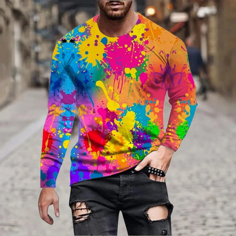 Men Rainbow Paint Splash 3D Printed Long‑Sleeve T‑Shirt Colorful Ink Graffiti Tee Novelty Abstract Art Casual Long Sleeve Shirts