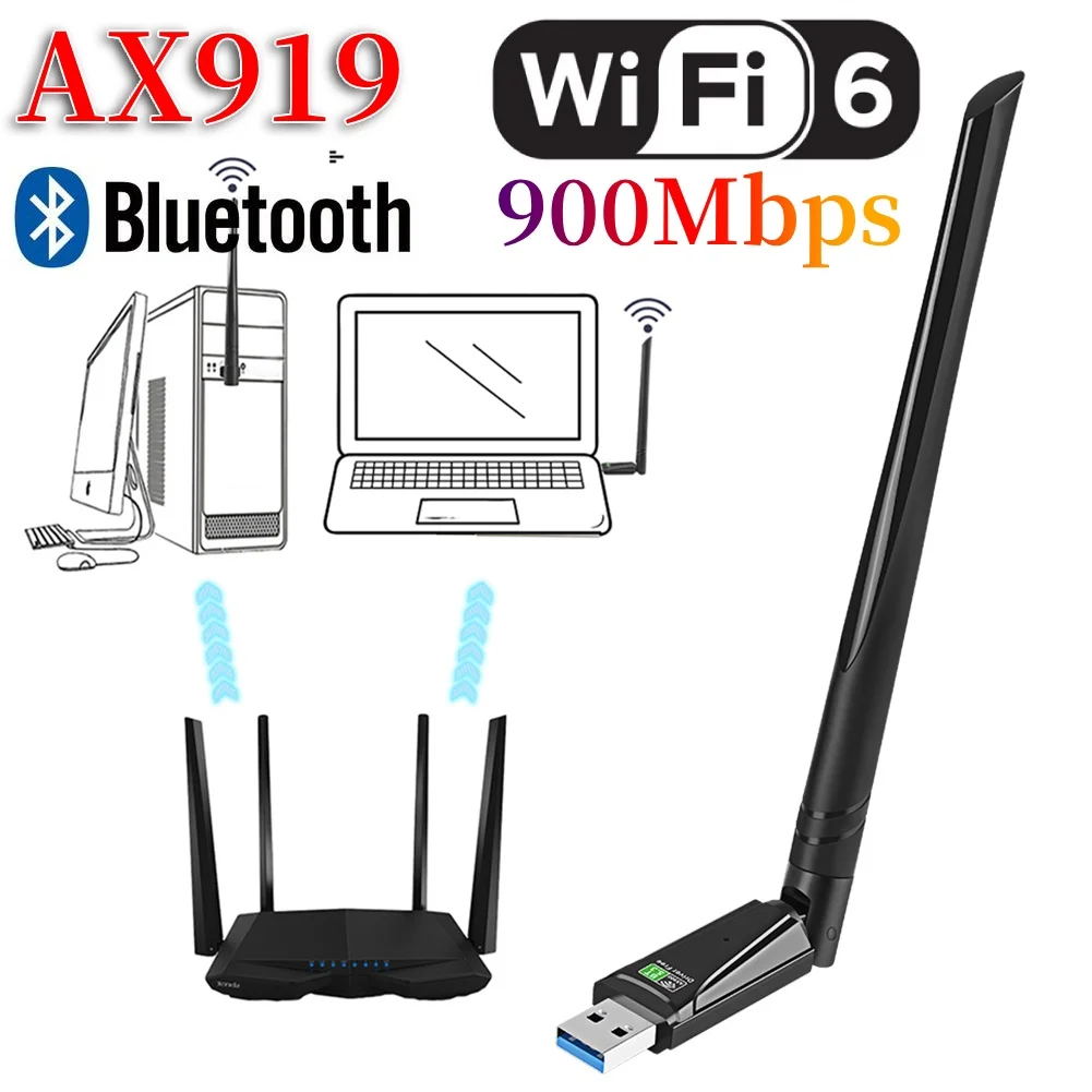 อะแดปเตอร์ USB WiFi6 รุ่น AX919 บลูทูธ 5.3 ดูอัลแบนด์ 900Mbps การ์ดเครือข่ายไร้สาย เสาอากาศ Wifi ดองเกิล ไม่ต้องติดตั้งไดรเวอร์ สำหรับพีซี ระบบปฏิบัติการ Windows 10/11