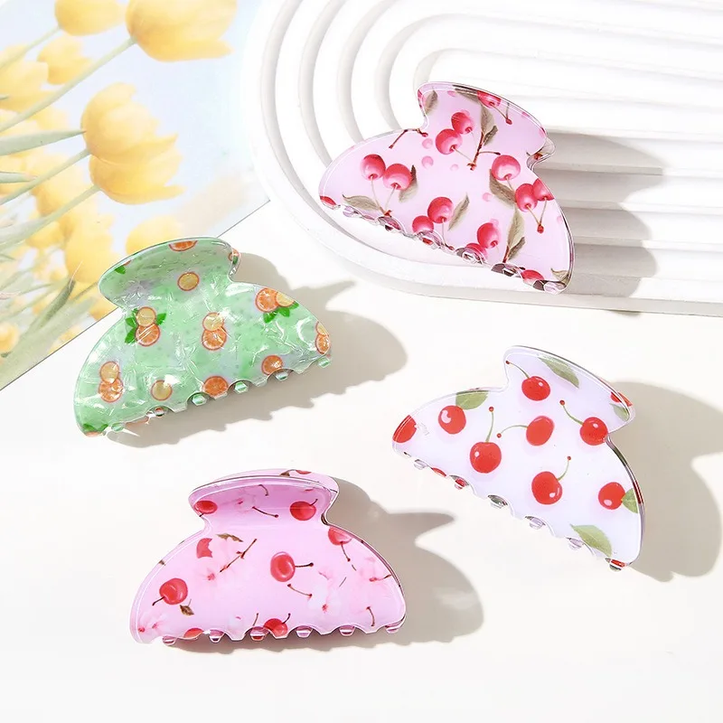 Cute Sweet Fruit Printed Hair Claw, Cherry And Orange Pattern Shark Clip, High Sense Hair Accessory For Women Daily Hairstyle