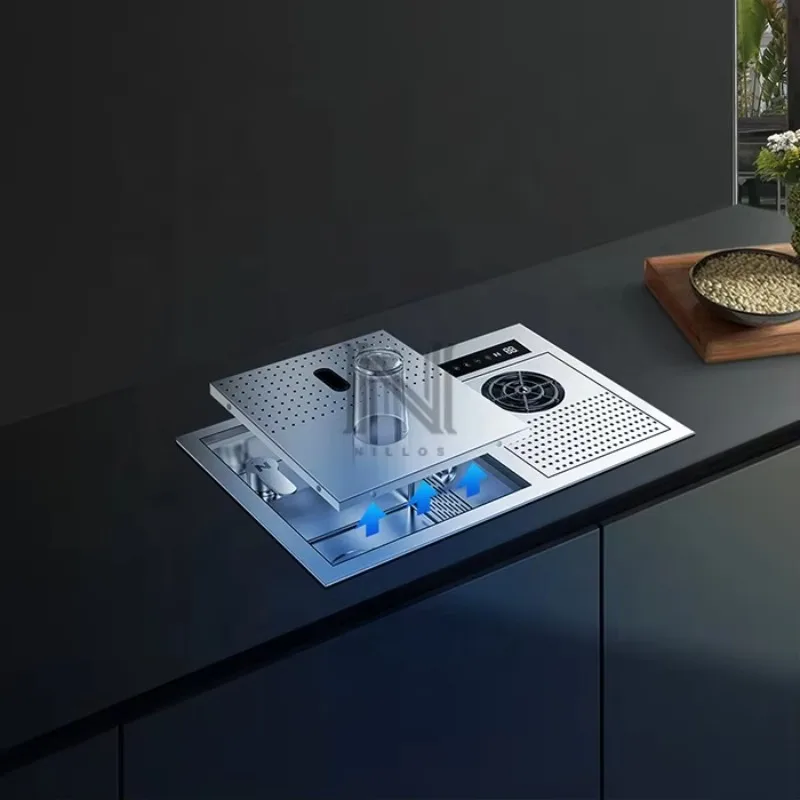 N5537X1 304 Brushed Hidden Glass Rinser Dual Catalyst Purification Steel Undermount Single Bowl Kitchen Sink