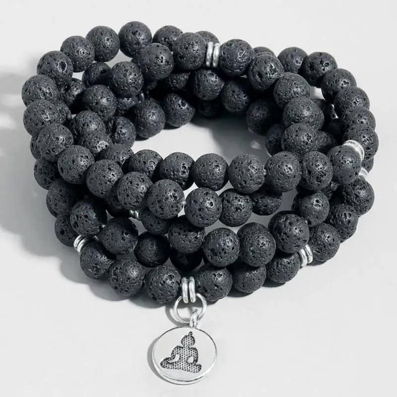 

Natural Lava Rock 108 Beads Mala Bracelet with Buddha Pendant Aromatherapy Spiritual Jewelry
