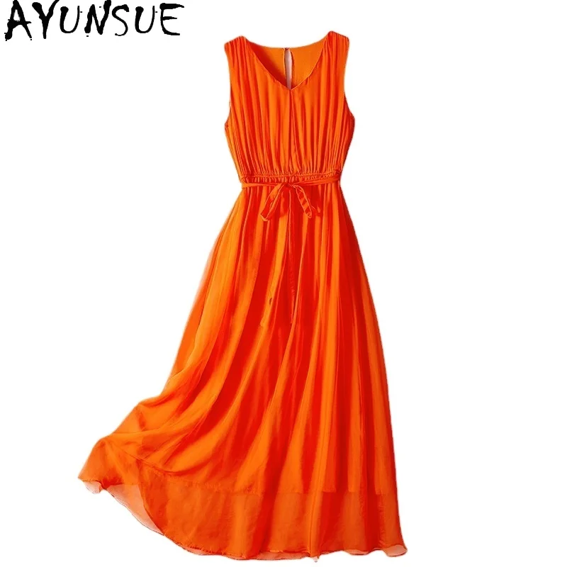 

AYUNSUE Natural Mulberry Silk Dresses Women Beach Style Long Dresses for Woman Clothes Fashion New in Dresses 2025 Jupe Femmes