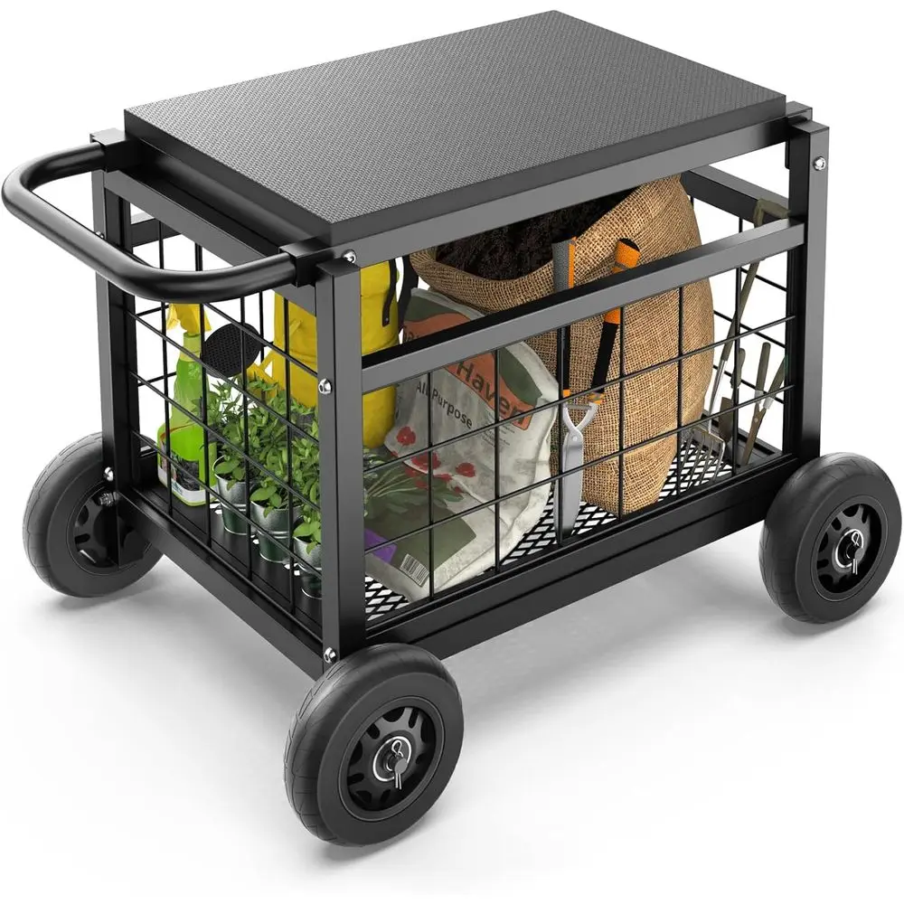 

Садовое кресло-тележка на колесах, усиленная садовая тележка с сиденьем - металлический передвижной садовый стул, улучшенная садовая тележка или тележка для садоводства