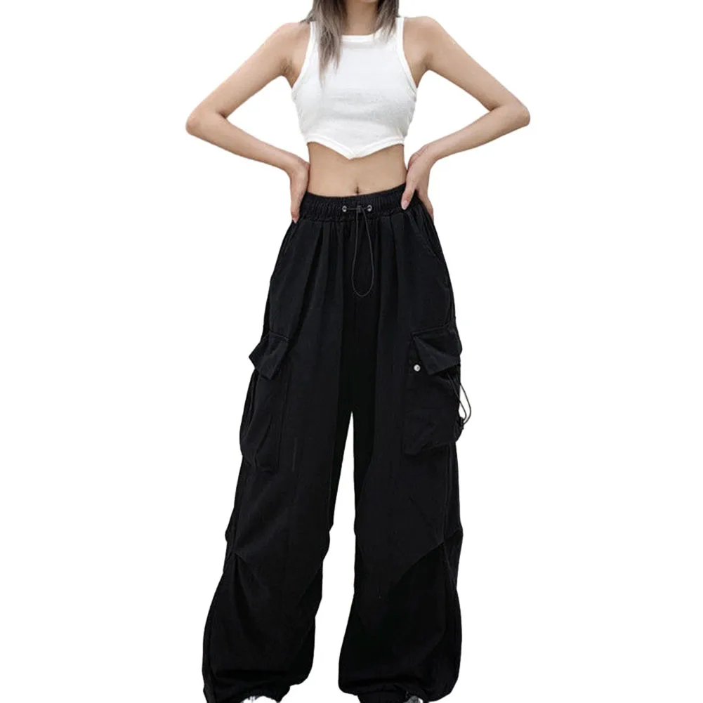 Fashion Y2k Women\'s Cargo Pants Streetwear Vintage Pockets Elastic Waist Baggy Drawstring Wide Leg Pants Trousers Clothing