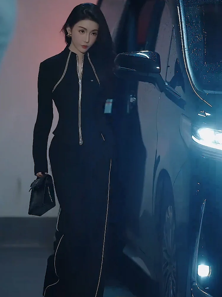 

Cool American Style Women's Winter Outfit Casual Sport Two-Piece Set Sweater Wide Leg Pants Long Sleeve Zipper Closure