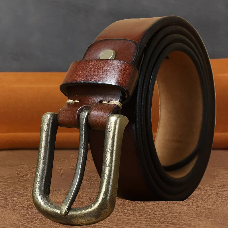 Ceinture en cuir de vachette épaissi vintage pour hommes et femmes, ceinture de pantalon confortable en cuivre, voyage et chasse, haute qualité, 3.8cm