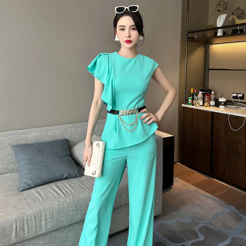 

Women's Two Pieces Pants Sets Summer Green Metal Belt Sleeveless Tops Wide Leg Pants Outfits Business Lady Fashion Suit 2022