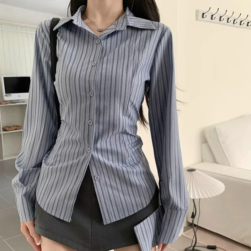 

Korean Blue Striped Long Sleeve Shirt Jacket for Women Spring Design Slimming Waist Cinching Top Casual Fashion Women's Clothing