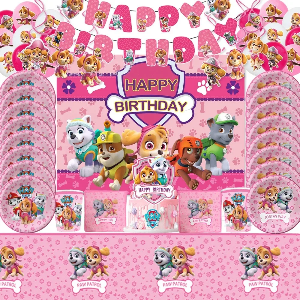 

Paw Patrol Birthday Pink Lovely Party Disposable Plastic Tablecloth Tableware Children Birthday Gifts Paw Dog Patrol Balloons