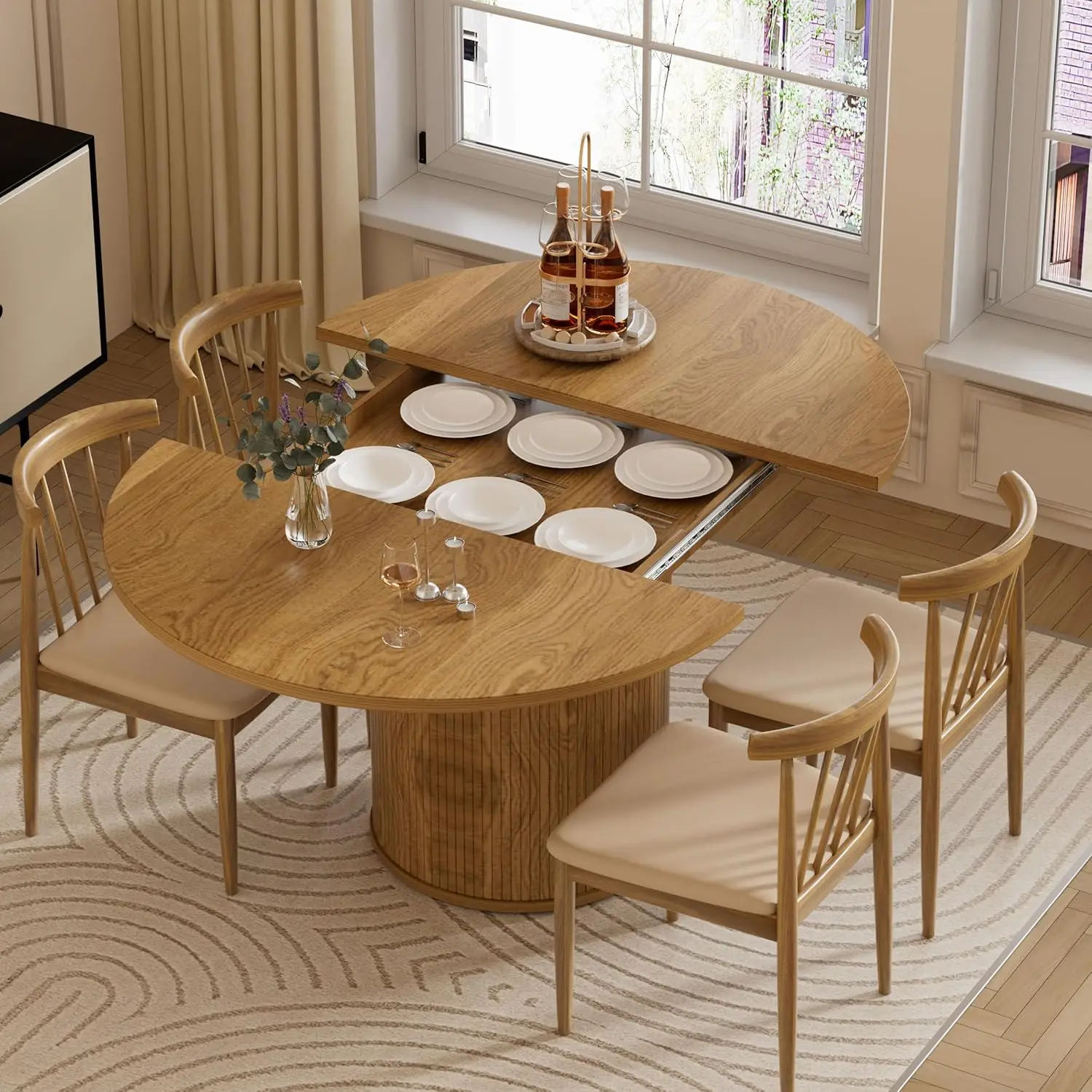 

43.3''-59'' Extendable Round Dining Table for 4, Modern Farmhouse Expandable Dining Table with Wood Strip Base
