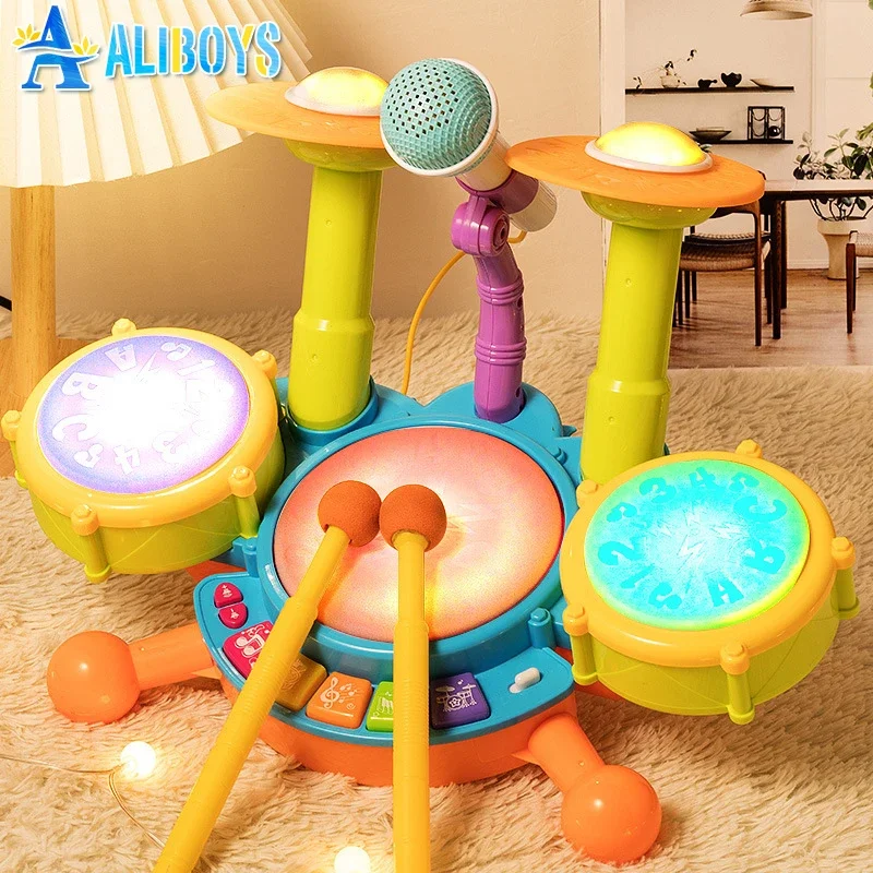 Conjunto de bateria elétrica de jazz, instrumento musical de percussão, brinquedo musical com microfone, brinquedo educacional para crianças pequenas, presentes de natal para bebês