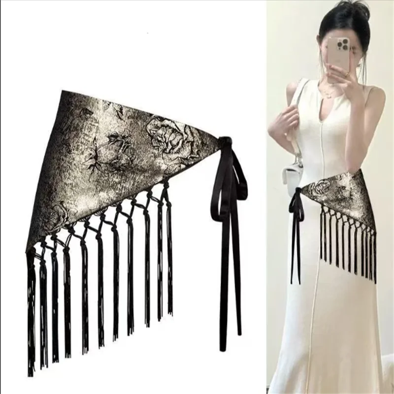 ผ้าพันคอสามเหลี่ยมสำหรับผู้หญิง สายคาดเอวสไตล์ชาติพันธุ์ ลายพิมพ์ตกแต่ง ผ้าฝ้าย เครื่องประดับคาดเอว พู่ห้อยประดับ