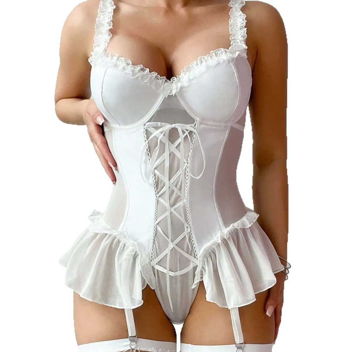 

Sexy Lace Lingerie Set with Ruffled Trim Babydoll Dress Thong Garter Belt and Stockings 4 Piece Set for Women