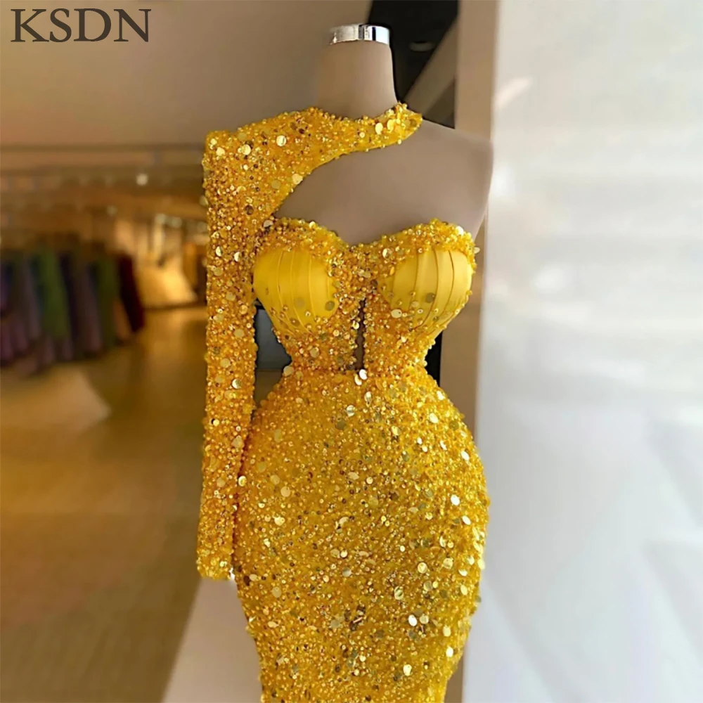 KSDN squisiti abiti da sera gialli formali con paillettes manica lunga Sweep Train sirena occasioni speciali abiti da donna