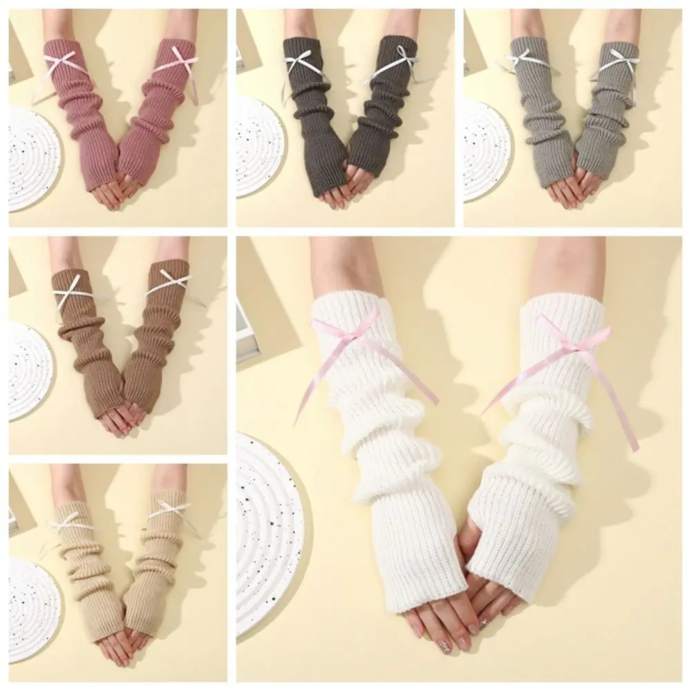 

Модные длинные перчатки на запястье Y2K, утепленные мягкие вязаные рукава, однотонные женские гетры с бантом