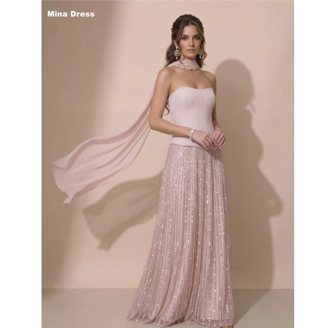 

Mina Customized Light Pink Beaded Sequin Strapless Sleeveless Backless Shawl Luxury Women's Elegant Party Dress Prom Dresses