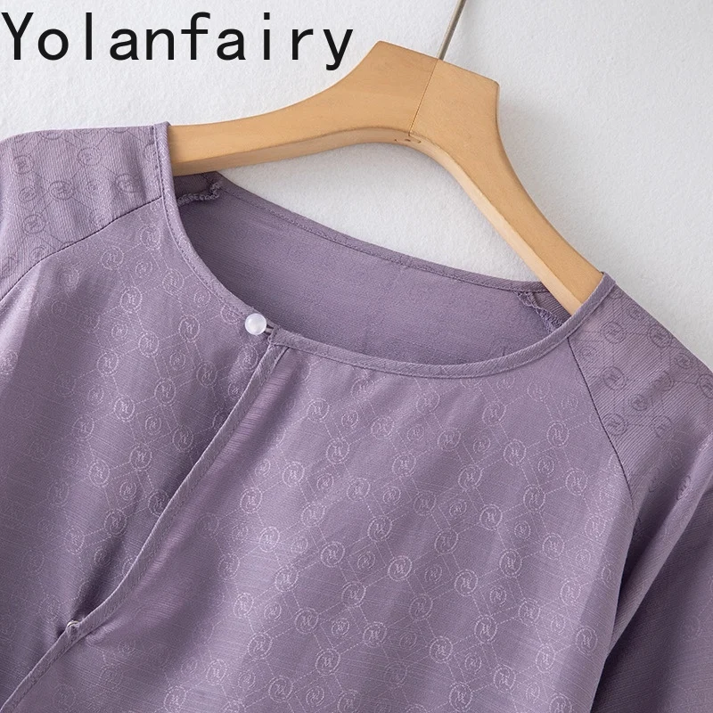 YOLANFAIRY 여성용 100% 멀 베리 실크 셔츠 자카드 우아한 여성용 블라우스 탑 여름 빈티지 루즈 여성용 보라색 셔츠
