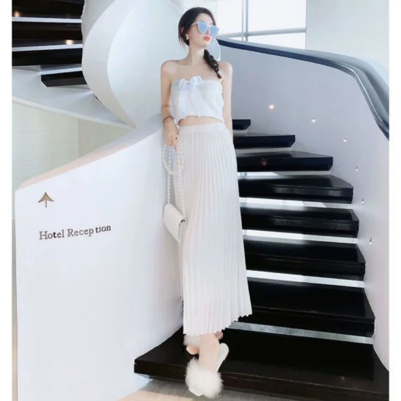 Casual Solid Color Pleated 2023 New Ice Silk  Skirt with Dropping A-line Large Swing Mid Length Slim Fairy Lady Long Skirt