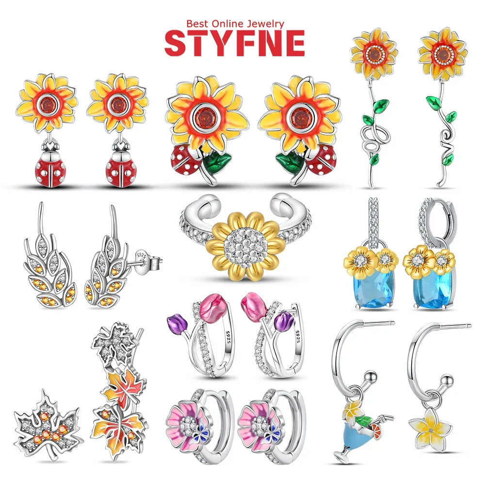 

Flower Series Earrings Sunflower Wheat Ear Tulip Daisy 925 Stud Earrings Fit for Spring Travel Exquisite Gift Jewelry