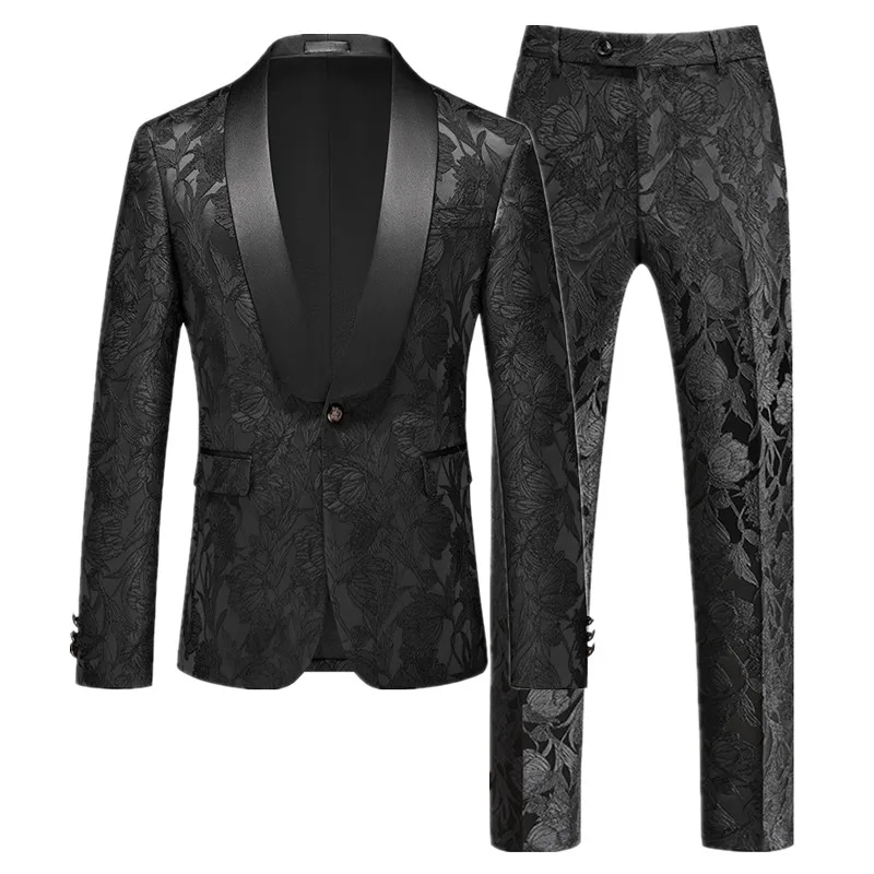 Fashion Men Luxury Wedding Jacquard Suit 2 Piece Classic Homme Prom Party Single Breasted Tuxedo Dress Blazer Jacket and Pant